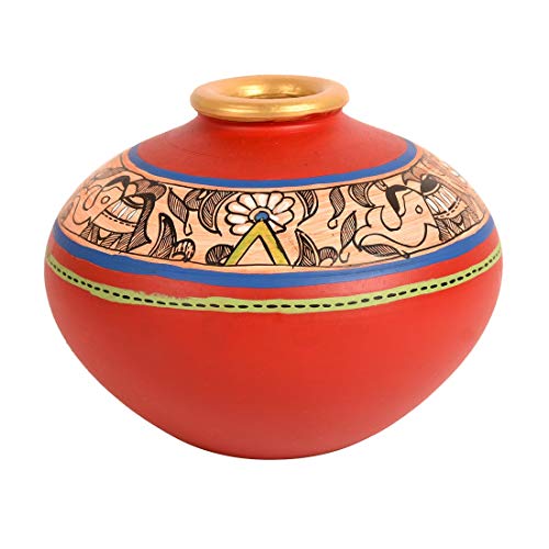 Image of Aakriti Art Creations Earthen Handcrafted Red Madhubani Vase 4.5x5.5 (HxD) | Terracotta Flower Vase | Matte Finish Traditional Decorative Vase for Living Room Decor, Table Decor, Shelf Decor & Gifting