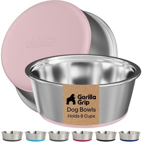 Image of GORILLA GRIP Dog Bowls, Food Grade 304 Stainless Steel, Holds 8 Cups Each (64 fl oz) Food and Water Bowl for Feeding Dogs and Cats, Dishwasher Safe, Rust Resistant, BPA Free Rubber Base Set of 2 Pink