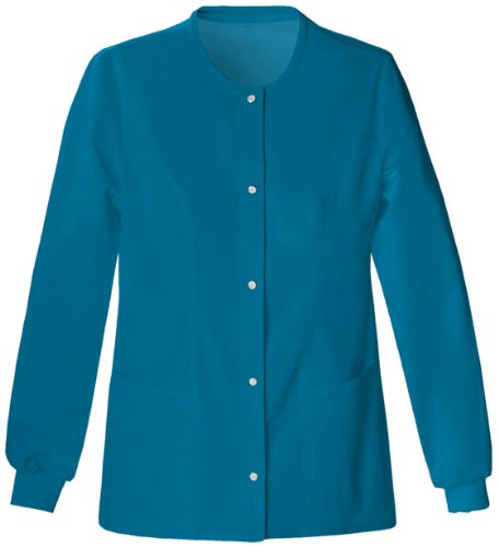 Cherokee Women's Scrubs Luxe Snap Front Warm Up Jacket, Caribbean Blue, X-Large