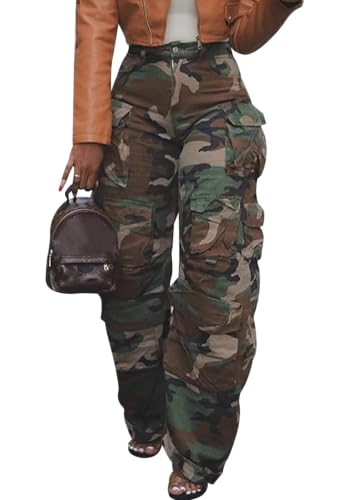 HuiSiFang Women Baggy Camo Cargo Pants Casual Wide Leg Camouflage Army Fatigue Loose Pants with Pockets
