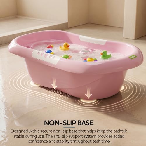 Image of Baybee Lovely Baby Bath Tub for 0 to 5 Years | Ergonomic Bath Tub for Kids with Quick Drain & Storage | Premium Baby Bather with Non Slip Base & Side Grip Bathing Tubs for Boys Girls (Pink)