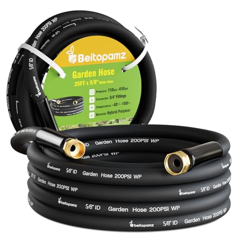 Image of Beitopamz Garden Hose 25 ft x 5 /8 in Heavy Duty Water Hose, Flexible and Durable, Lightweight Rubber Hybrid Hose, Leak-Free Connections, Male to Female 3 /4'' Brass Fittings for Patio, Lawn, Black