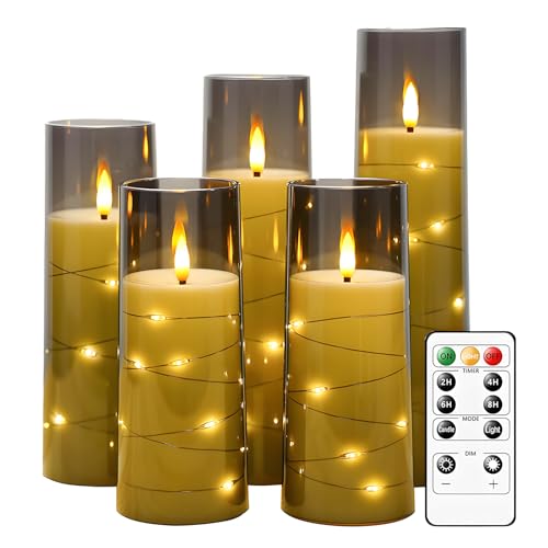 LED Flameless Candles, Battery Operated Flickering Candles, Moving Flame Electric Candle Sets Glass Effect with Remote Control, Timer, Embedded String Lights, Realistic LED Fake Candle, 5pcs (Grey)