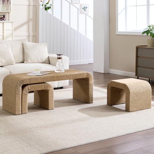 LZAREAL 3-Piece Nesting Woven Rope Coffee Table Set, 47" Boho