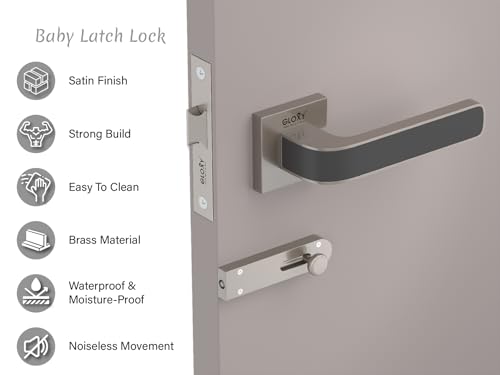 Image of GLOXY Premium Bathroom Door Lock with Satin & Black Finish - Mortise Bathroom Lock for Door with Brass Baby Latch - Heavy Duty Lock for Door with Keyless Plate Handle Set with 2 Years Warranty