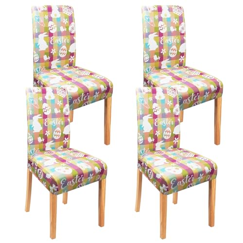 qwpmvhsak Easter Chair Covers Set of 4, Colorful Easter Buffalo Plaid Bunny Egg Dining Chair Covers, Removable and Washable, Suitable for Easter Spring Kitchen Restaurant Decor
