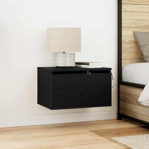 Tonture Juego de 2 mesitas de noche flotantes de madera de roble negro para dormitorio con puertos USB, ahorro de espacio y moderno