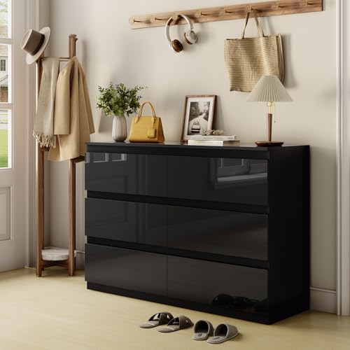 6 Drawer Dresser for Bedroom, 47" Wide Black Wood Chest for Stora...
