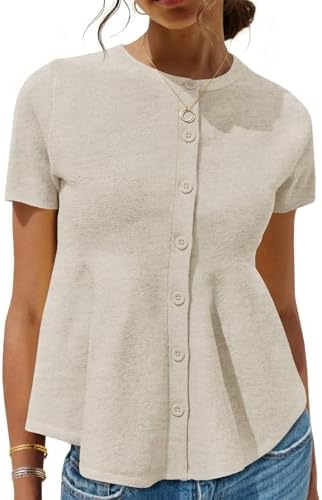 Saodimallsu Womens Short Sleeve Cardigans Ruffle Button Down Crew Neck Peplum Babydoll Knit Sweater Tops