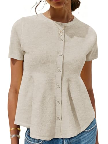 Image of Saodimallsu Womens Short Sleeve Cardigans Ruffle Button Down Crew Neck Peplum Babydoll Knit Sweater Tops