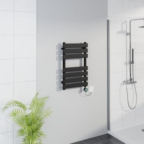 Warmehaus Smart WiFi Thermostatic Electric Bathroom Flat Panel Heated Towel Rail Warmer Radiator with Timer 650x400mm - Black