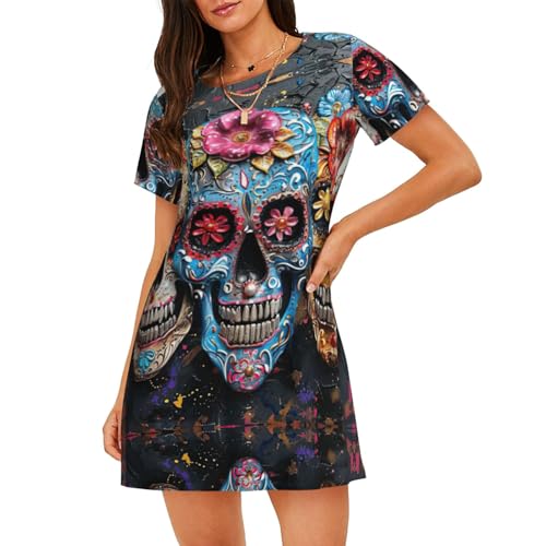 UVBDF Sugar Skulls - Camisón de manga corta para mujer, cuello redondo, holgado, vestido de pijama, Negro, XXL