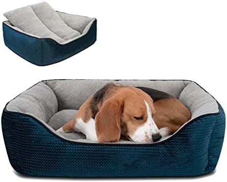 Miguel Dog Bed with Reversible Removable Cushion for Medium Small Dogs, Washable Pet Bed with Side Easy to Clean Puppy Bed, Large Rectangle Cat Bed for Indoor Cat with Anti-Slip Bottom, Blue 30 Inch