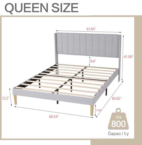 Image of AGARTT Upholstered Platform Bed Frame Queen Size, Light Grey Linen