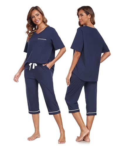 CF 100% Cotton Womens Pajama Sets for Women 2 Piece Pj Sets Sleepwear Lounge Set Short Sleeve Shirt and Capri Pants2