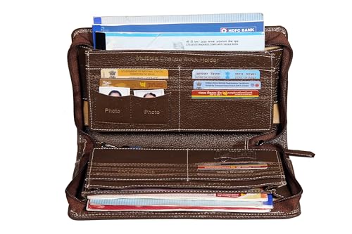 Image of Sukeshcraft Multiple Cheque Book Holder | Original Leather Holds Upto 8 Cheque Books, Locker Key Hook Matching Zipper (Leather, Chocolate Brown)
