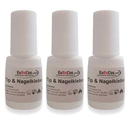 EuBeCos 3x Sekunden Tip Kleber 7,5g - Stehflasche mit Pinsel. UNSER BESTSELLER in Top Studio Qualität- Transparent und EXTRA SCHONEND! Cover