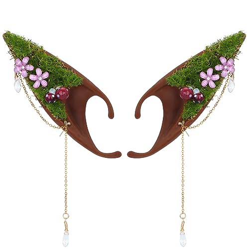 Renaissance Mushroom Brown Elf Ears - Silicone Fairy Pixie Ears with Moss Elven Ear for Women Men Anime Christmas Halloween Mushroom Costume Cosplay