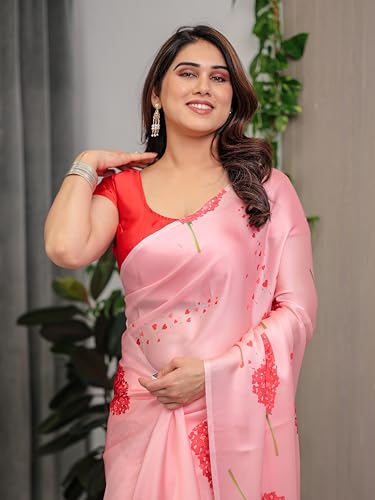 Image of ALMAARI FASHION Women's Floral Printed Georgette Satin Saree with Unstitched Blouse Piece | Traditional Ethnic Wear Sarees | Soft Lightweight Ethnic Office Wear Daily Wear Indian Sari (SG 161-170 H)