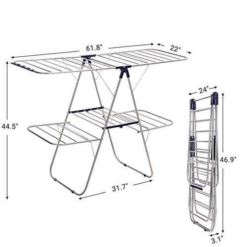 SONGMICS 2-Level Stainless Steel Clothes Drying Rack, Bonus Sock Clips Easy Storage Laundry Rack