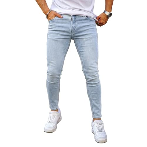 GINGTTO Skinny Jeans Men Stretch Tapered Leg Slim Fit Elastic Waist Ice Blue 28W x 30L