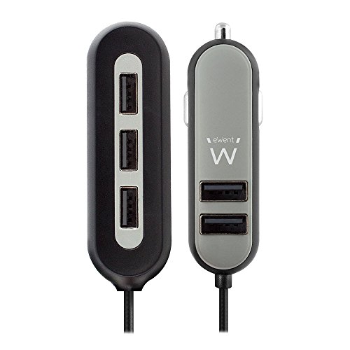 Ewent EW1355 Caricatore da Auto 10.8A/54W con 5 Porte, 2 Porte Frontali e 3 Porte per Passeggeri Posteriori, per iPhone, iPad, Smartphone e Tablet, Cavo 1.5m