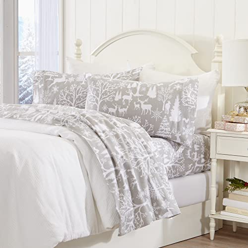 Great Bay Home Bed Linen Set, 4 Piece, Turkish Cotton Queen Winter Flannel Sheet Set, Deep Pocket Fitted Sheet, Soft Sheets, Warm Lodge Bed Sheets, Anti-Pill Flannel Sheets, Enchanted Woods-Grey #TOP5