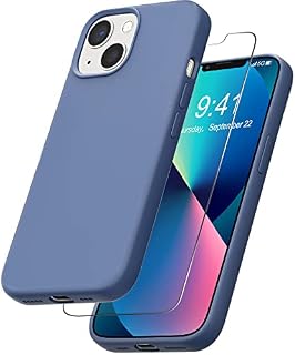 YATWIN Liquid Silicone Case Compatible for iPhone 13 with Tempered Glass Screen Protector, Slim Flexible Soft Full Body Shockproof Phone Case Compatible for iPhone 13 - Midnight Blue