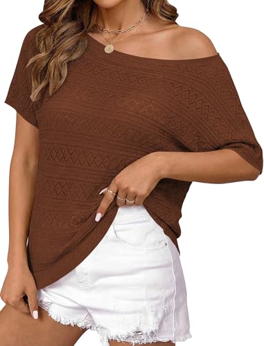 Image of Cakulo Womens Off The Shoulder Batwing Short Sleeve Crochet Tops 2026 Spring Summer Sweater Top Knit Beach Cover Up