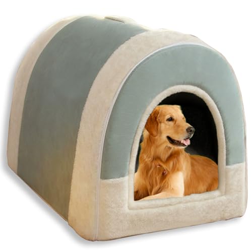 Grande niche 2 en 1 pour chien et chat, intérieur apaisant, chaud, lavable, amovible, anti-anxiété (vert, taille M, 48 x 36 x 34 cm)