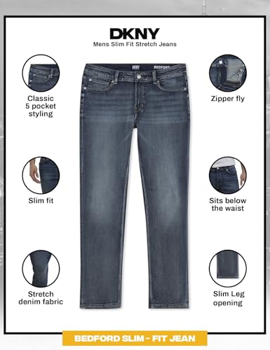 Image of DKNY Bedford Slim Fit Jeans for Men - Tapered Leg Stretch Denim Pants, Classic 5-Pocket Styling | Mens Slim Fit Jeans