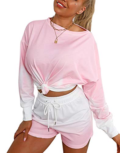 Yissang Women's Printed Loungewear Long Sleeve Pullover and Shorts Sweatsuit Tracksuit Pink Medium