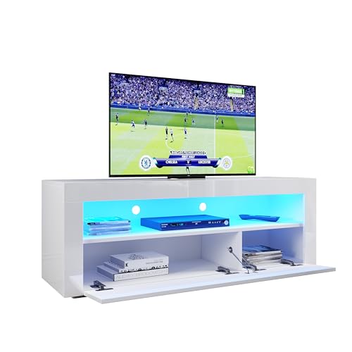 ELEGANT 1200mm Modern TV Cabinet with RGB LED Lights White Gloss TV Unit for up to 50" TV with Ambient Light for Living Room Furniture, Power Adapter included