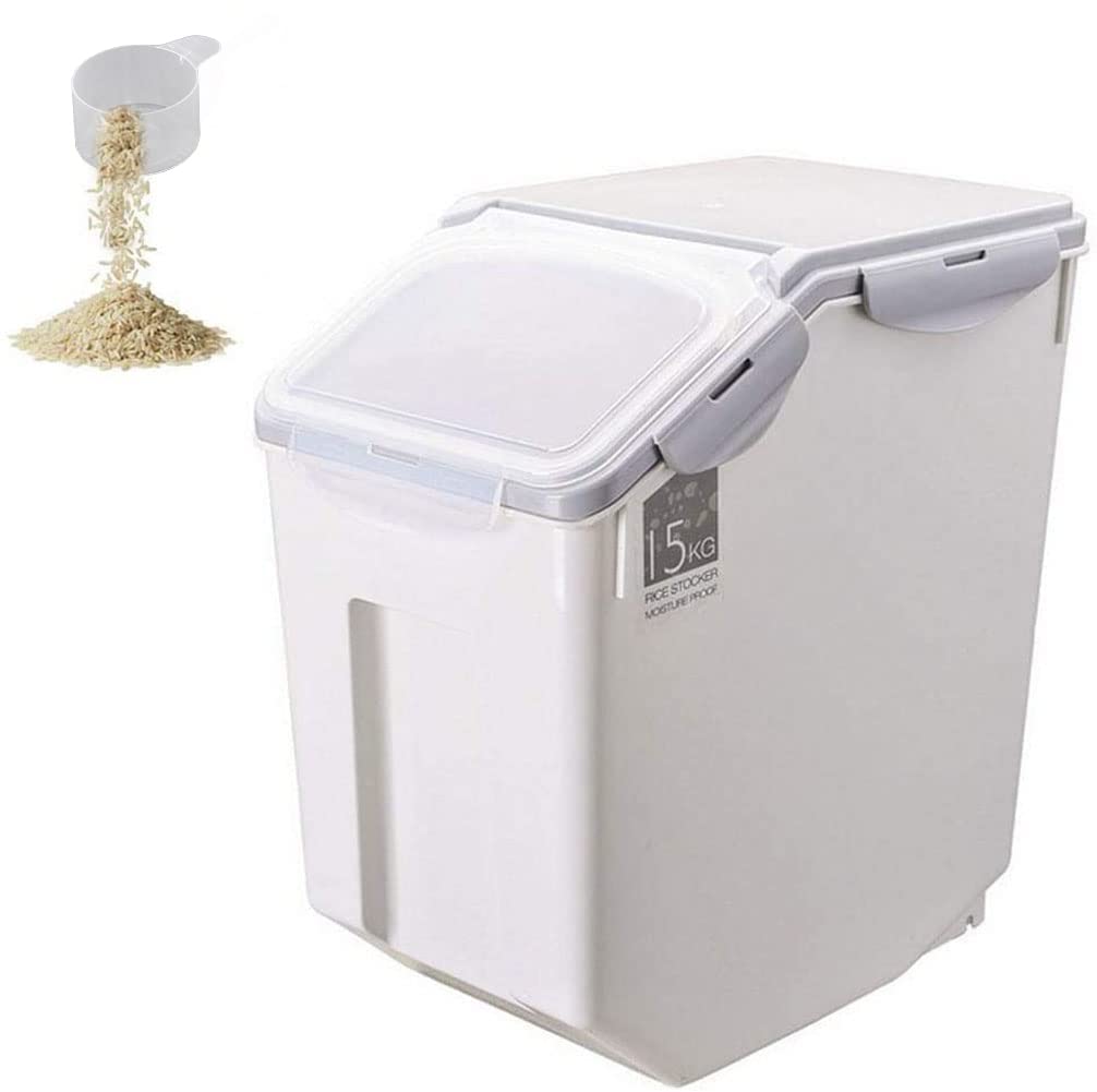 FURN ASPIRERice Storage Container, Large Rice Dispenser Airtight Food Rice Bin Household Sealed Cereal Grain Organizer with Lids for Storing Rice, Flour, Dry Food and More (15kg, Container, Plastic)