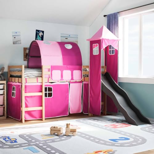 UJCHVHN Item-Cama loft para niños con torre rosa 90x190 cm madera maciza de pino, camas y accesorios, camas y marcos de cama