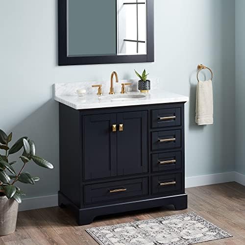Signature Hardware 483412 Quen 36" Free Standing Single Basin Vanity Set with Cabinet, Vanity Top, and Undermount Sink - 3 Faucet Holes - Midnight Navy Blue/Carrara Marble