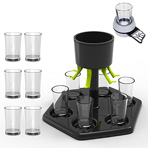 LSAMA Dispensador de chupito con 6 vasos de plástico – Dispensador de chupitos de cristal, dispensador para rellenar bebidas, vinos y bebidas (dispensador + taza + gris)