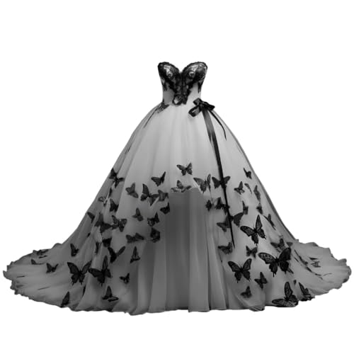 Mauuwy 3D Butterfly Gothic Wedding Dresses for Bride High Low Lace Bridal Gown Sweetheart Long Wedding Gowns for Women