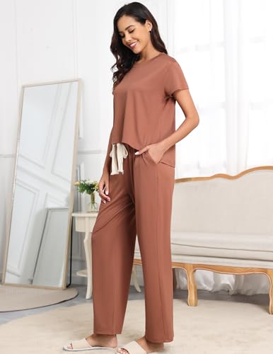 Womens Pajama Sets 2 Pieces Lounge Sets for women Short Sleeve Top with Long Pajama Pants Soft Sleepwear Pj Sets S-XL3