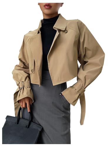Floerns Women's Double Breasted Buckle Lapel Long Sleeve Cropped Trench Jacket