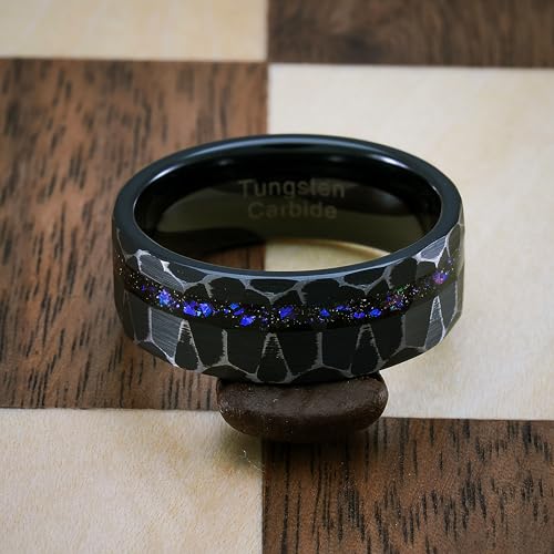 100S JEWELRY Men's Rustic Black Tungsten Ring with Orion Nebula Galaxy Design Hammered Finish Wedding and Engagement Band Sizes 6-164