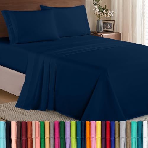 Image of Egyptian Comfort Coziest Bedding Set, Easy All Around Elastic Fitted Sheet, Deep Pocket up to 16inch, Microfiber, Navy Blue, King