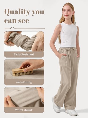 Image of Rolanko Girls Wide Leg Linen Pants Breathable Flowy Palazzo Trousers for School Beach Daily Wear 9-15 Years