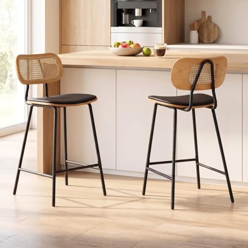 chairus Chaise Bar Cuisine avec Dossier en Rotin Lot de 2 Tabourets de Bar en Cuir Synthétique Modern Chaise Haute sans Accoudoirs (Noir)