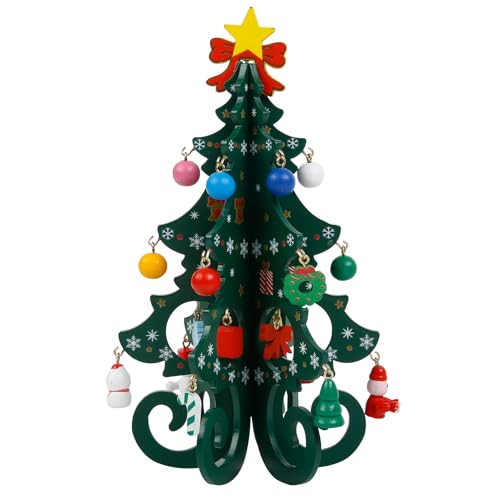 TEBIEKOY DIY Mini Wooden Christmas Tree with Ornaments Set, Cute 7 Inch Small Xmas Tree Ki