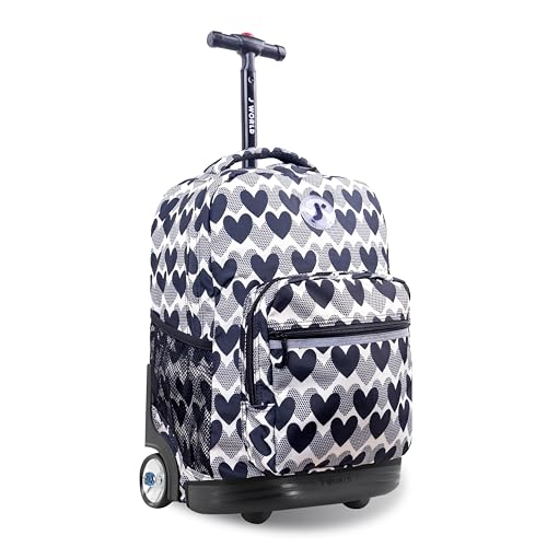 J World Sunrise Rolling Backpack. Roller Bag with Wheels, Heart Dot