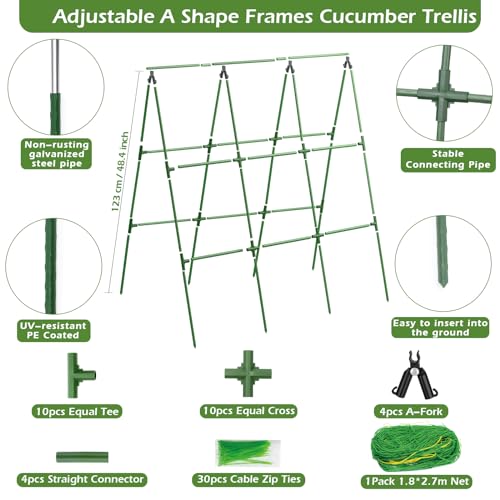 Cucumber Trellis for Raised Beds, 45 x 53 Inch Adjustable Size A-Frame Garden Trellis for Climbing Plant Outdoors with Climbing Net and Plant Support Clip for Vegetable Grape Tomato Garden Supplies