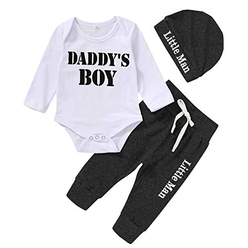 Newborn Baby Boy Outfits Daddy's Boy Letter Print Romper+Long Pants+Hat 3PCS Clothes Set (Charcoal Black-B,3-6 Months)