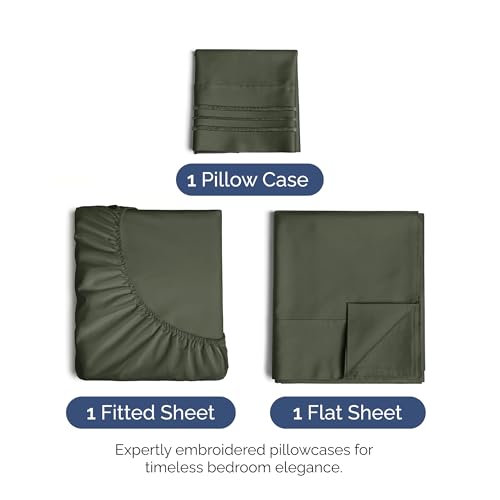 Image of Twin Size 3 Piece Sheet Set - Ultra Soft & Cooling Sheets - Dark Olive Grey | Fits 8 Inch to 16 inch Mattress, Wrinkle Free & Fade Resistant with Deep Pockets, Breathable, Comfy Hotel Luxury Bedding