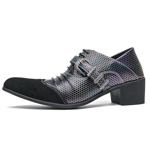 Men's Holographic Dress Shoes Classic Formal Shoes Suede Toe Cap with Buckle Detail Block Heel Hexagon Pattern Dress Loafers Comfy Penny Loafers2